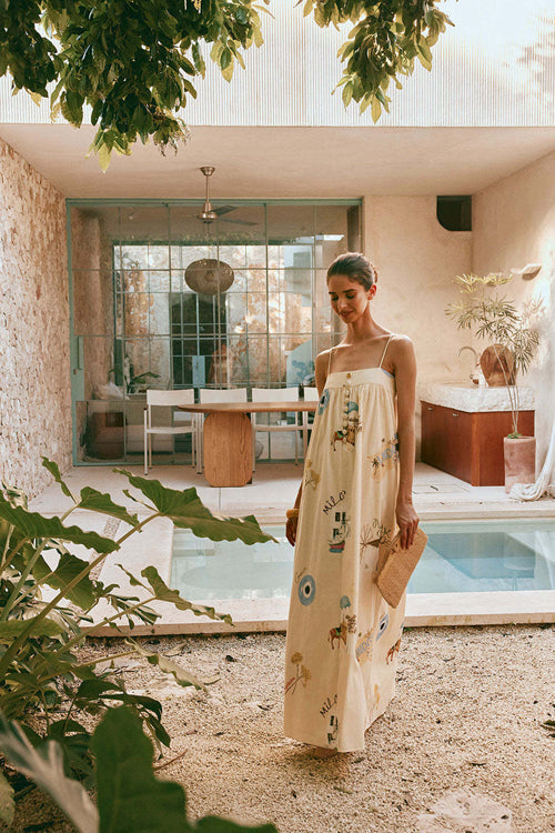Square Neck Mediterranean Travel Print Pocket Maxi Dress