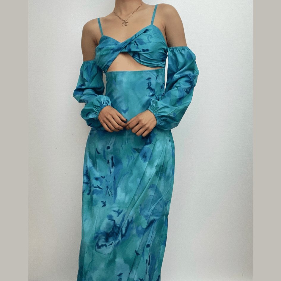 Spaghetti Strap Twist Knot Midriff Cutout Floral Print Puff Sleeve Maxi Dress