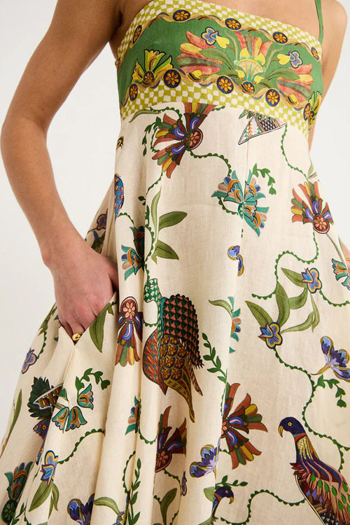 Spaghetti Strap Empire Waist Bird Botanical Border Print Pocket Maxi Dress
