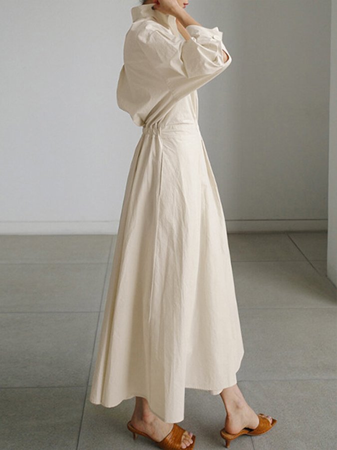 Collared Deep V-Neck Puff Sleeve Pleated A-Line Midi Shirt Dress