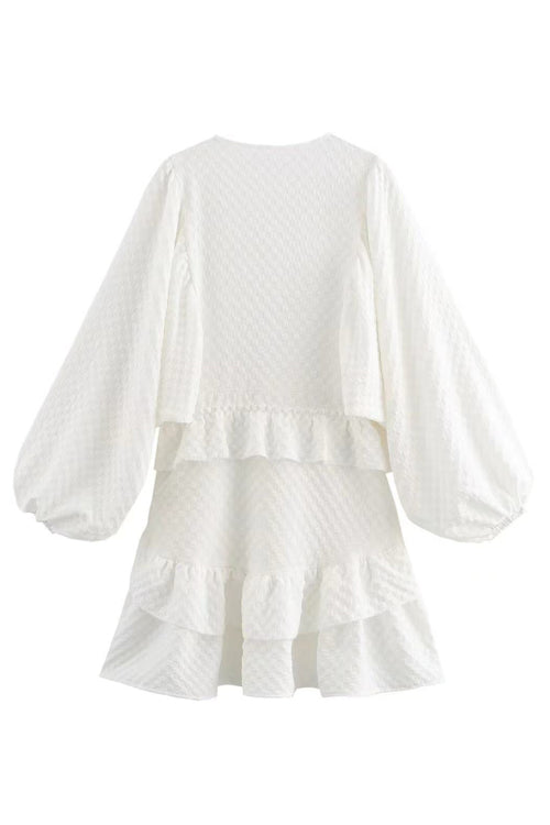 V Neck Button Front Balloon Sleeve Tiered Ruffle Crochet Lace Mini Dress