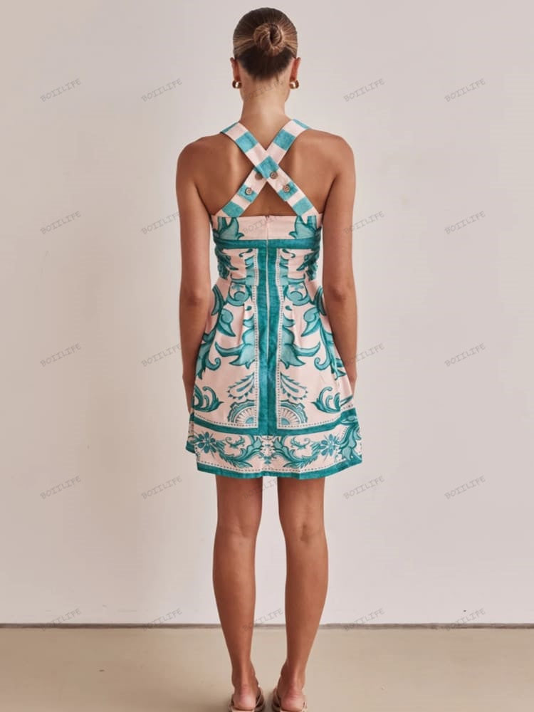 Graphic Print Spaghetti Strap Smocked Tier Mini Dress