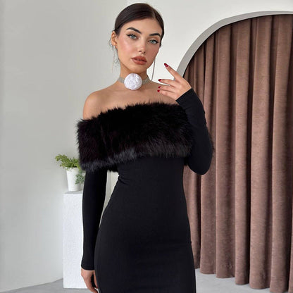 Off Shoulder Faux Fur Trim Long Sleeve Bodycon Maxi Dress
