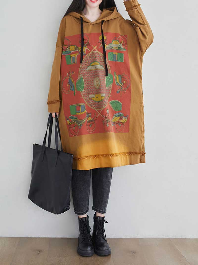 Hooded Drawstring Frayed Hem Graphic Print Oversized Sweatshirt Midi Dress