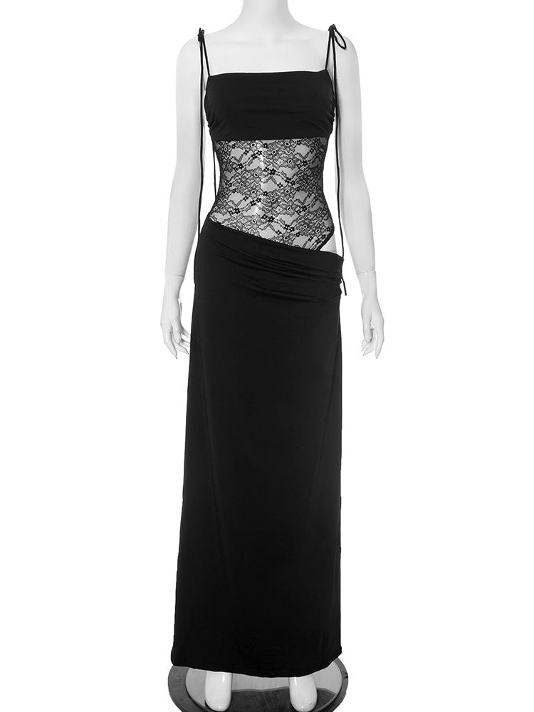 Spaghetti Strap Floral Lace Midriff Panel Column Maxi Dress