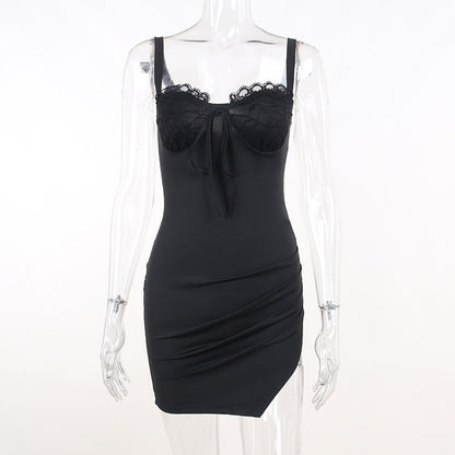 Scalloped Lace Trim Sweetheart Bustier Side Ruched Pointed Hem Mini Dress
