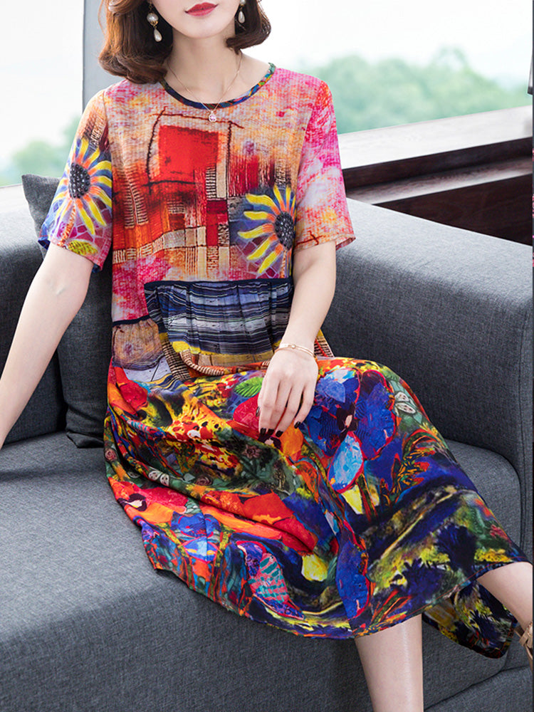 Crew Neck Short Sleeve Sunflower Graphic Landscape Midi Dress