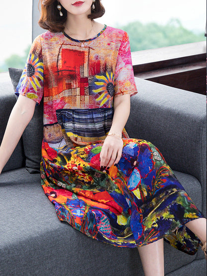 Crew Neck Short Sleeve Sunflower Graphic Landscape Midi Dress