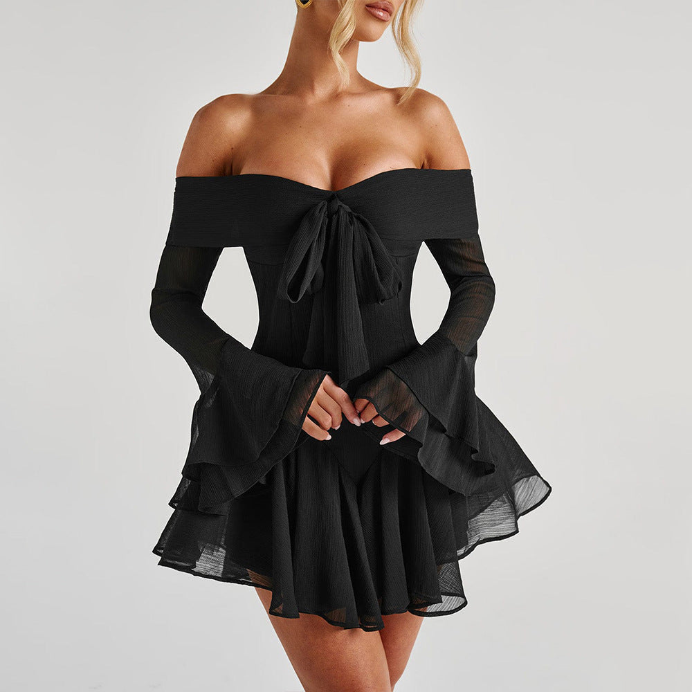 Off Shoulder Bow Front Sheer Bell Cuff Corset Pointed Hem Skater Mini Dress