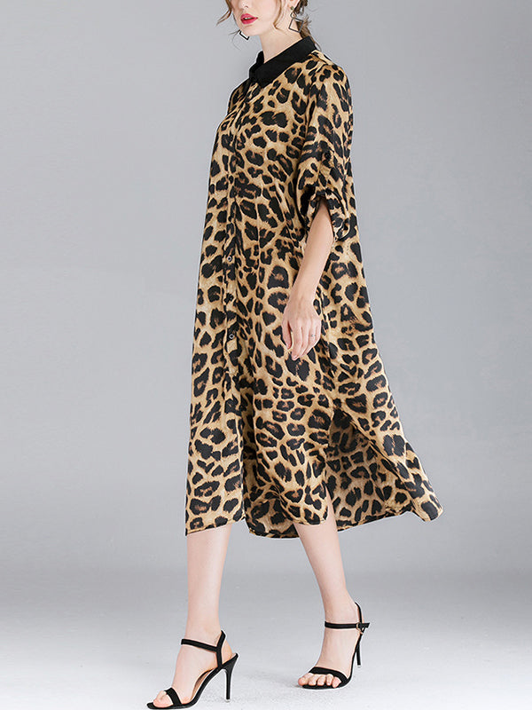 Contrasting Lapel Spotted Print Button Front High Slit Midi Shirt Dress