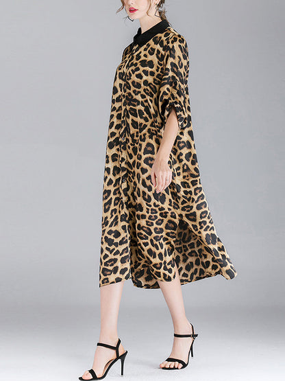 Contrasting Lapel Spotted Print Button Front High Slit Midi Shirt Dress