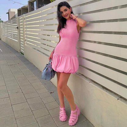 Mock Neck Sleeveless Ribbed Knit Drop Waist Bubble Hem Mini Dress