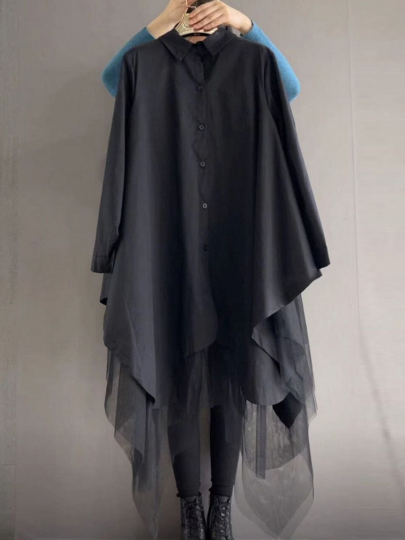 Collared Button Front Handkerchief Hem Tiered Tulle Overlay Shirt Dress