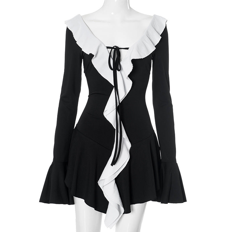 Deep V Neck Tie Front Ruffle Collar Bell Sleeve Mini Dress