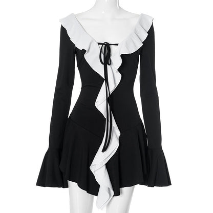 Deep V Neck Tie Front Ruffle Collar Bell Sleeve Mini Dress