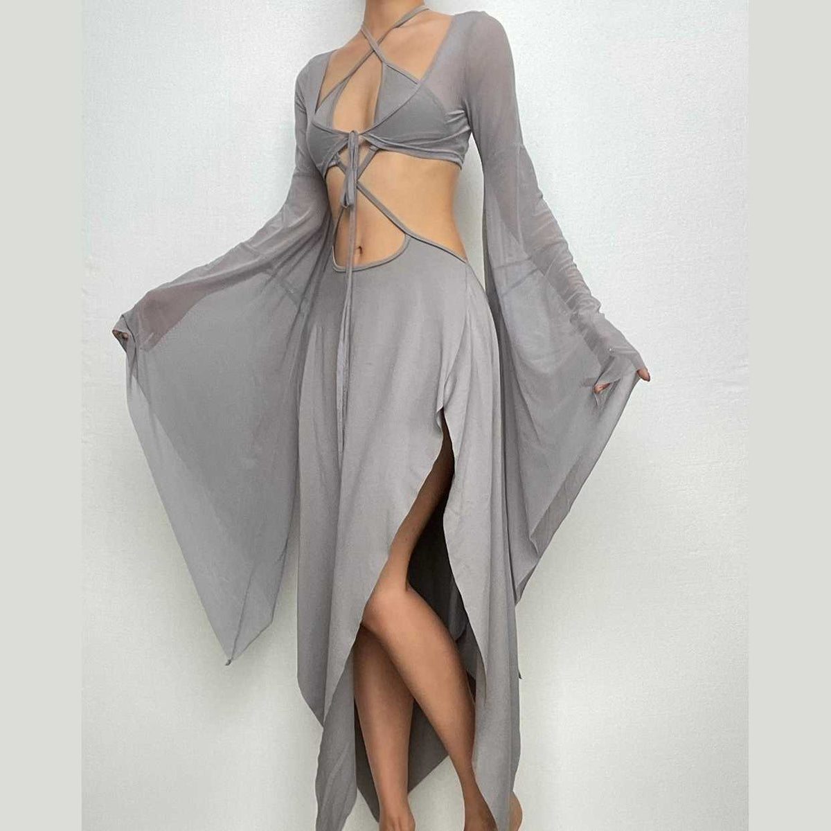 Halter Keyhole Self Tie Bell Sleeve Shrug Cutout Side Slit Handkerchief Hem Midi Dress