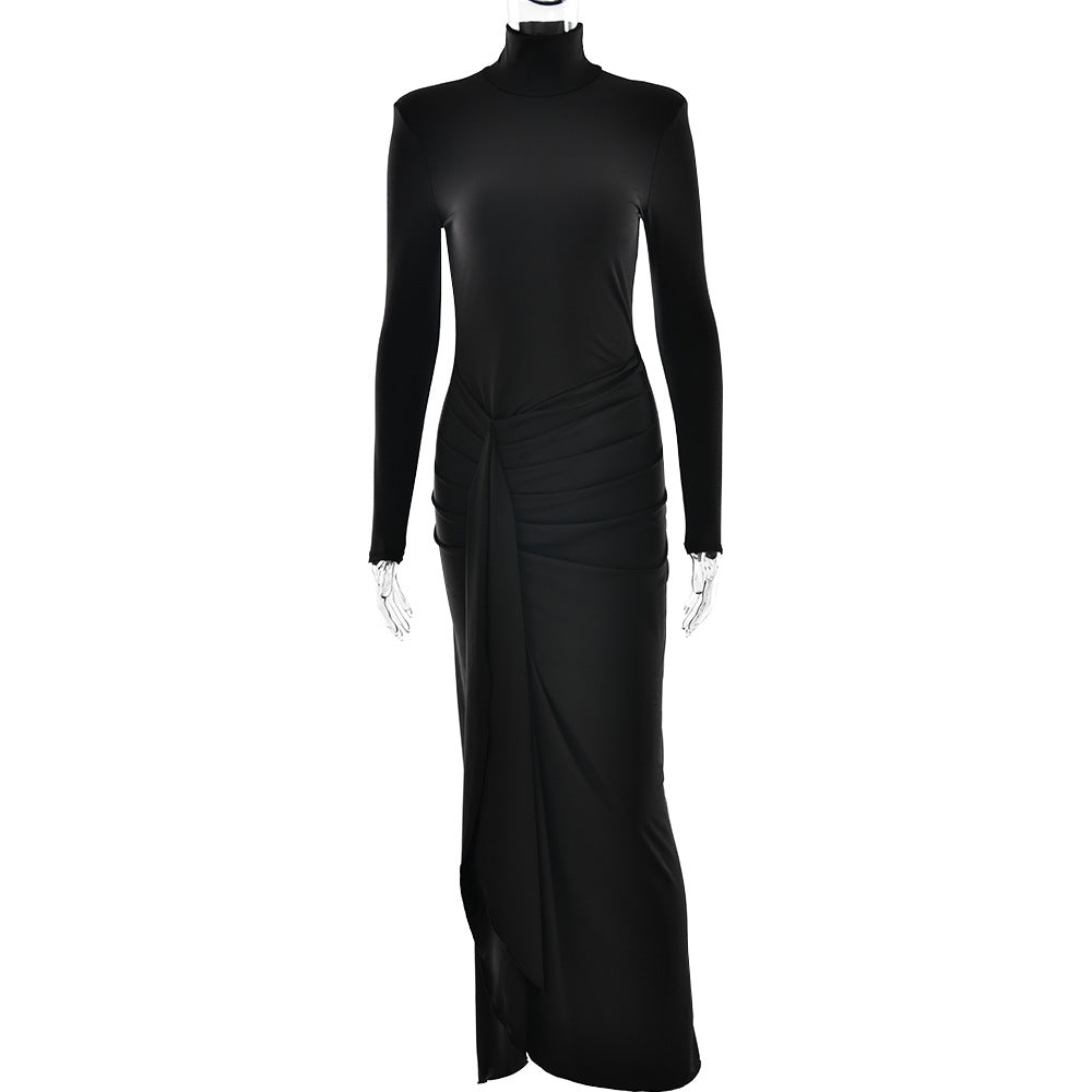 Turtleneck Long Sleeve Twist Waist Knot High Slit Bodycon Maxi Dress