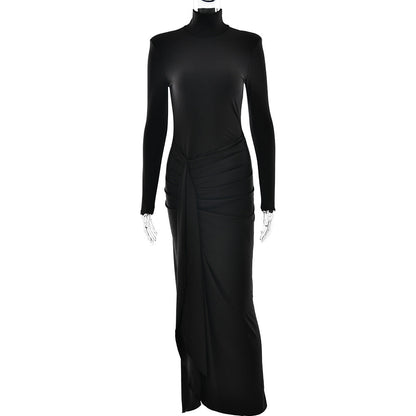 Turtleneck Long Sleeve Twist Waist Knot High Slit Bodycon Maxi Dress