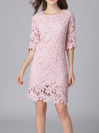 Round Neck Elbow Sleeve Scalloped Floral Lace Shift Mini Dress