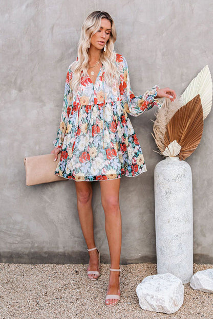Ruffle Collar Tie Front Long Sleeve Floral Babydoll Mini Dress