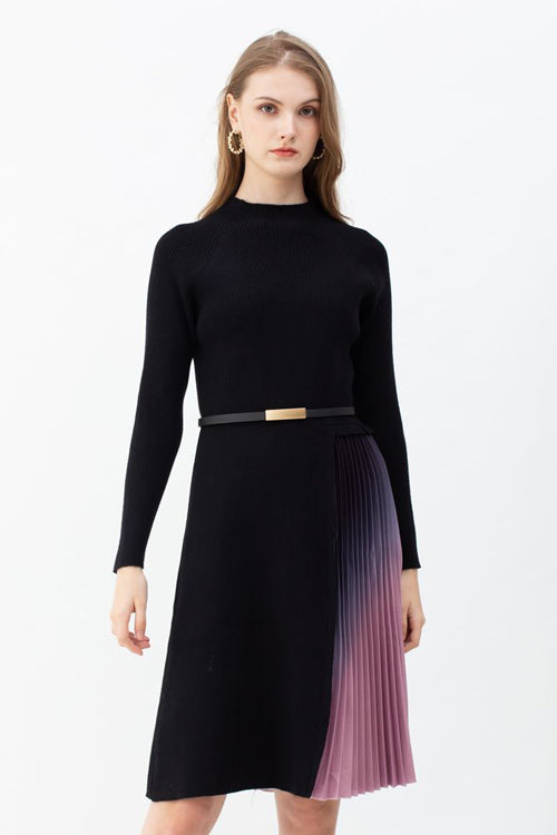 Turtleneck Long Sleeve Ombre Pleated Midi Skirt Dress Set