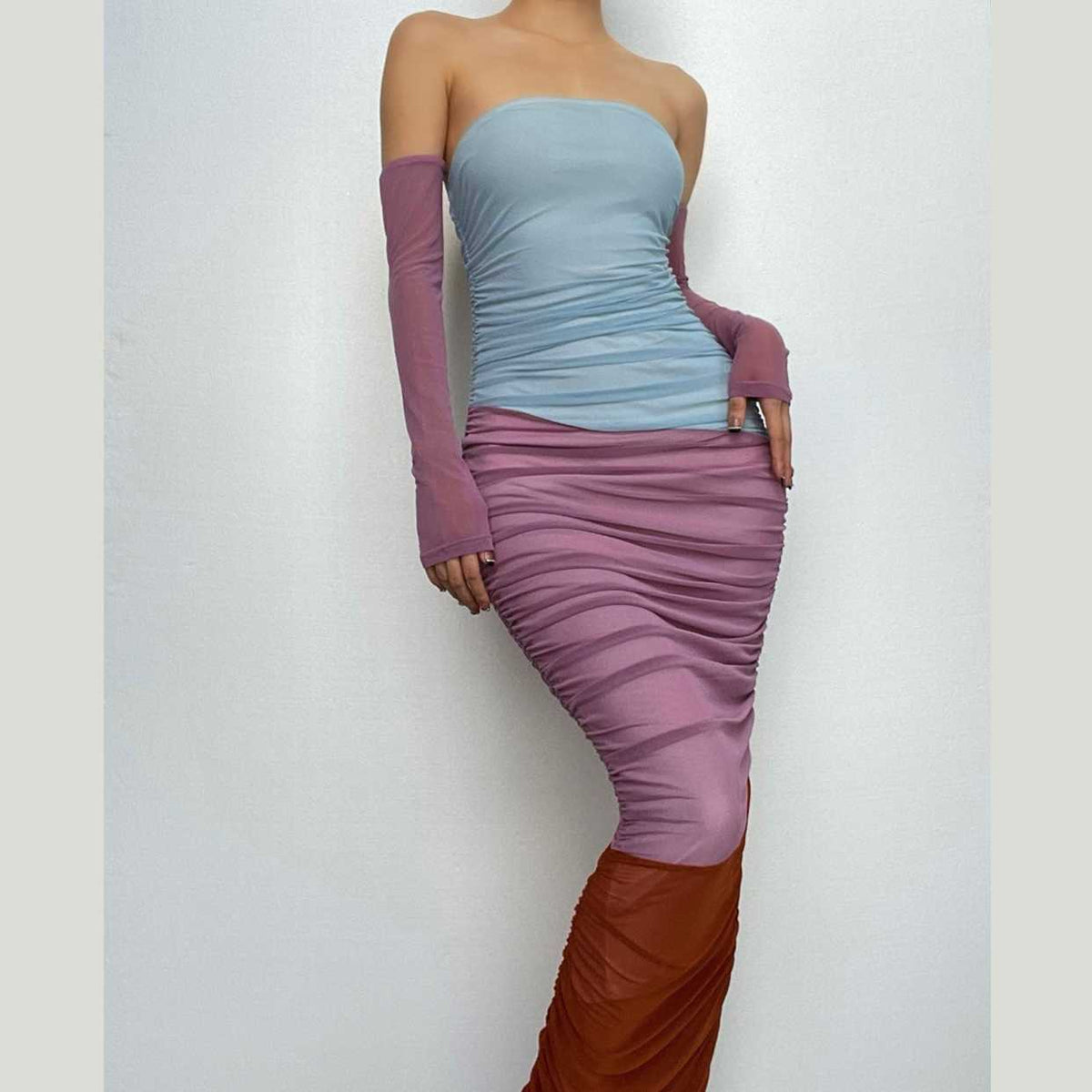 Off Shoulder Color Block Ruched Mesh Maxi Dress