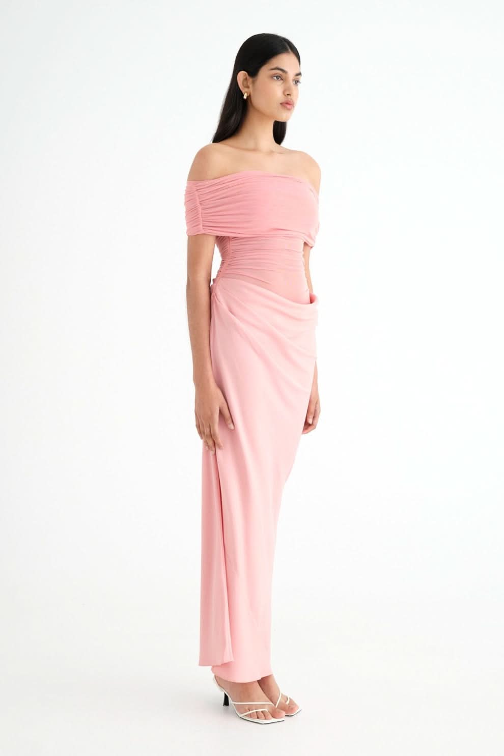 Off Shoulder Sheer Ruched Panel Draped Waist Maxi Gown