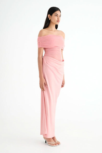 Off Shoulder Sheer Ruched Panel Draped Waist Maxi Gown