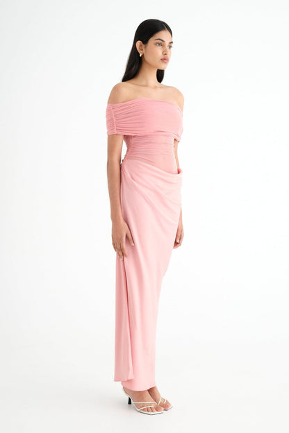 Off Shoulder Ruched Mesh Waist Panel Draped Overlay Maxi Gown