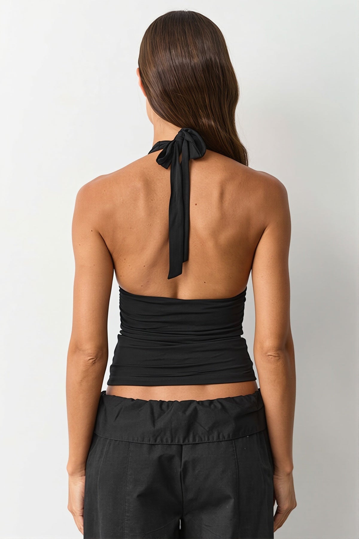 Ruched V Neck Ring Detail Halter Top