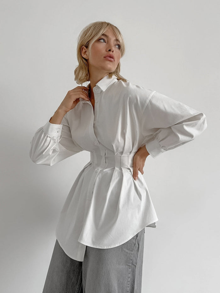 French Chic Long Sleeve Waist-Tied Blouse