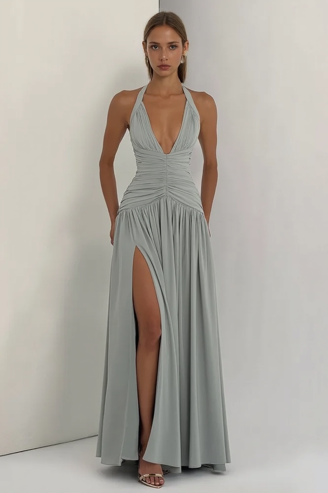 Halter Deep V Neck Ruched Bodice High Slit Maxi Gown