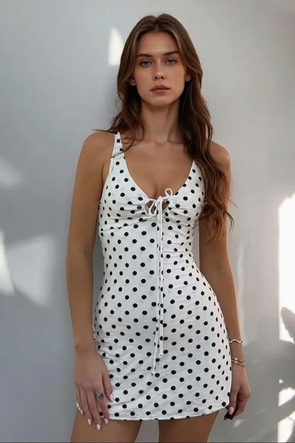 Polka Dot Deep V-Neck Keyhole Tie Front Bodycon Mini Dress