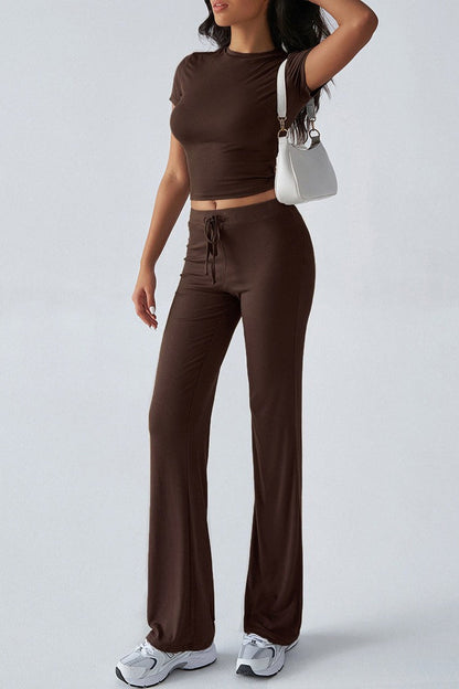 Crew Neck Crop T-Shirt and Wide Leg Pants Set