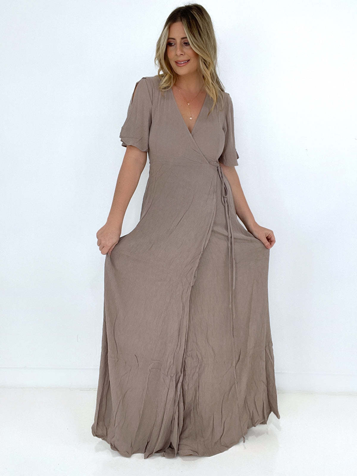 V Neck Flutter Sleeve Slit Arm Tie Side Wrap Gauze Maxi Dress