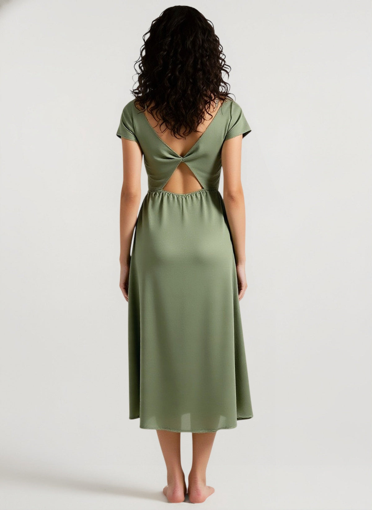 Cowl Neck Cap Sleeve Side Slit Satin Midi Dress