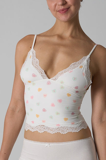 Lace Trim Floral V Neck Sexy Cami Top