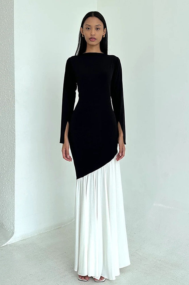 Long Sleeve Diagonal Seam Pleated Tier Maxi Dress