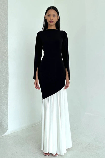 Long Sleeve Diagonal Seam Pleated Tier Maxi Dress