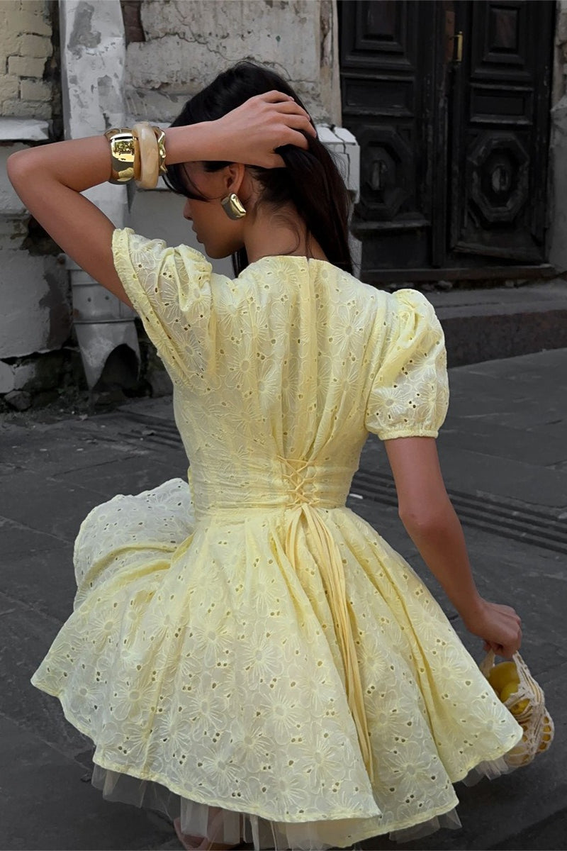 Cotton Yellow Embroidered Tie Waist Mini Dress