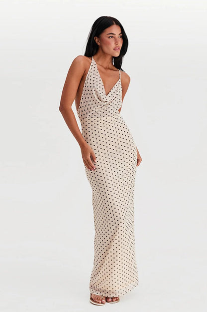 White Polka Dot Halter Neck Sleeveless Maxi Dress