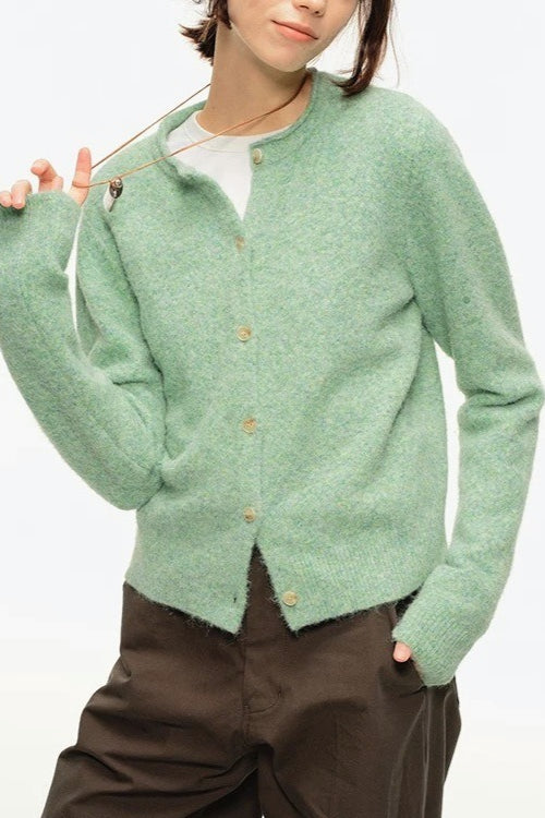 Retro Crew-Neck Green Knit Cardigan