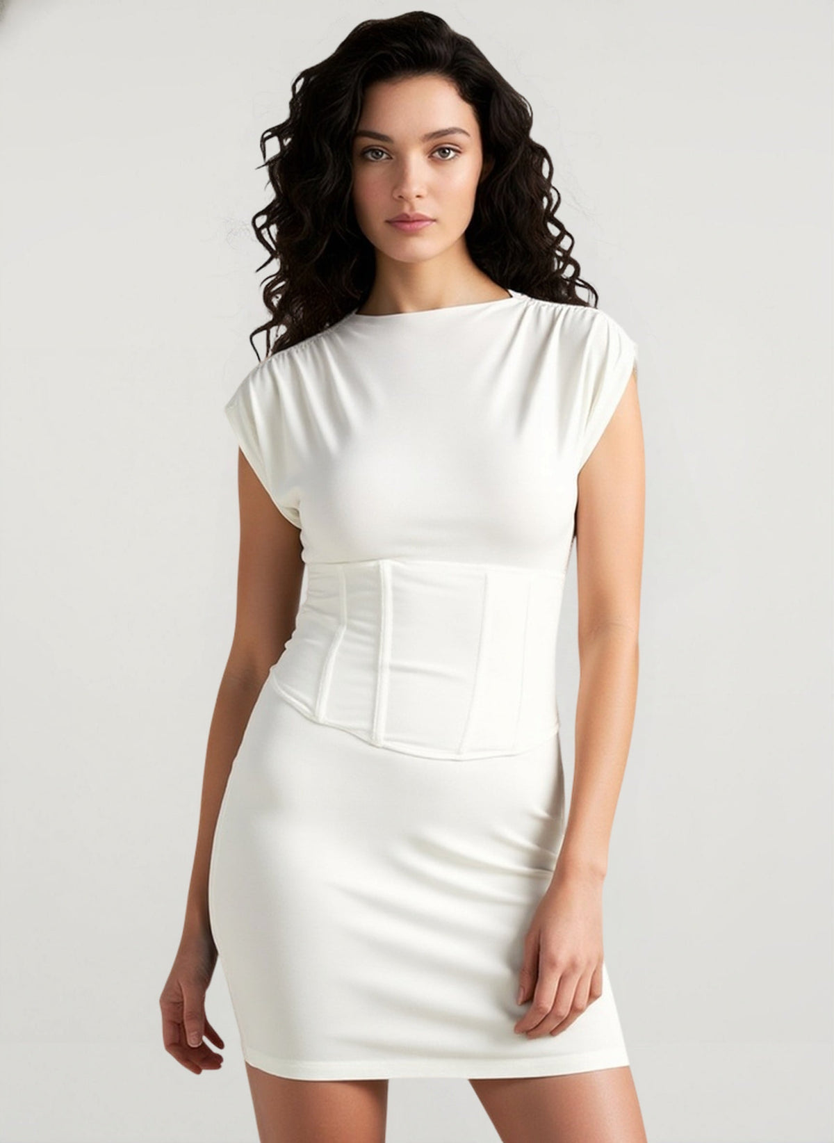 Crew Neck Cap Sleeve Corset Panel Bodycon Mini Dress