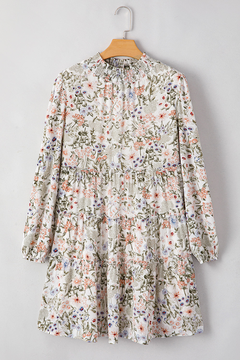 Ditsy Floral Smocked Mock Neck Tiered Ruffle Babydoll Mini Dress
