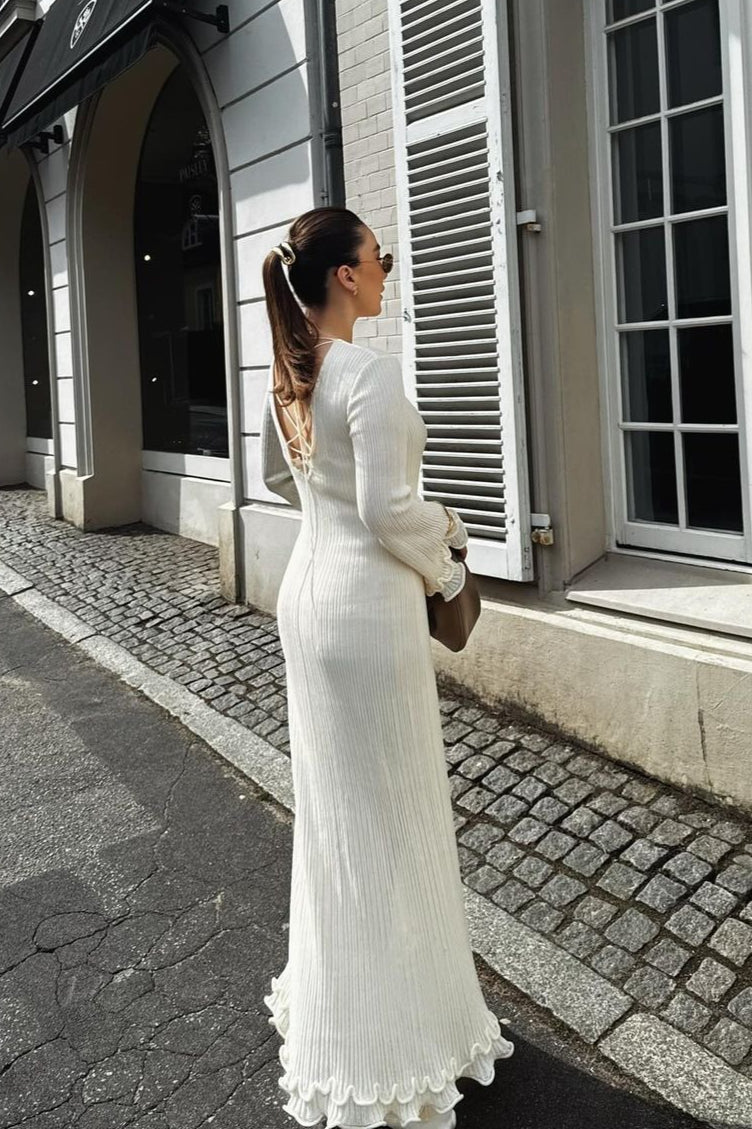 Rib Knit Ruffled Cuff Lettuce Hem Long Sleeve Maxi Dress