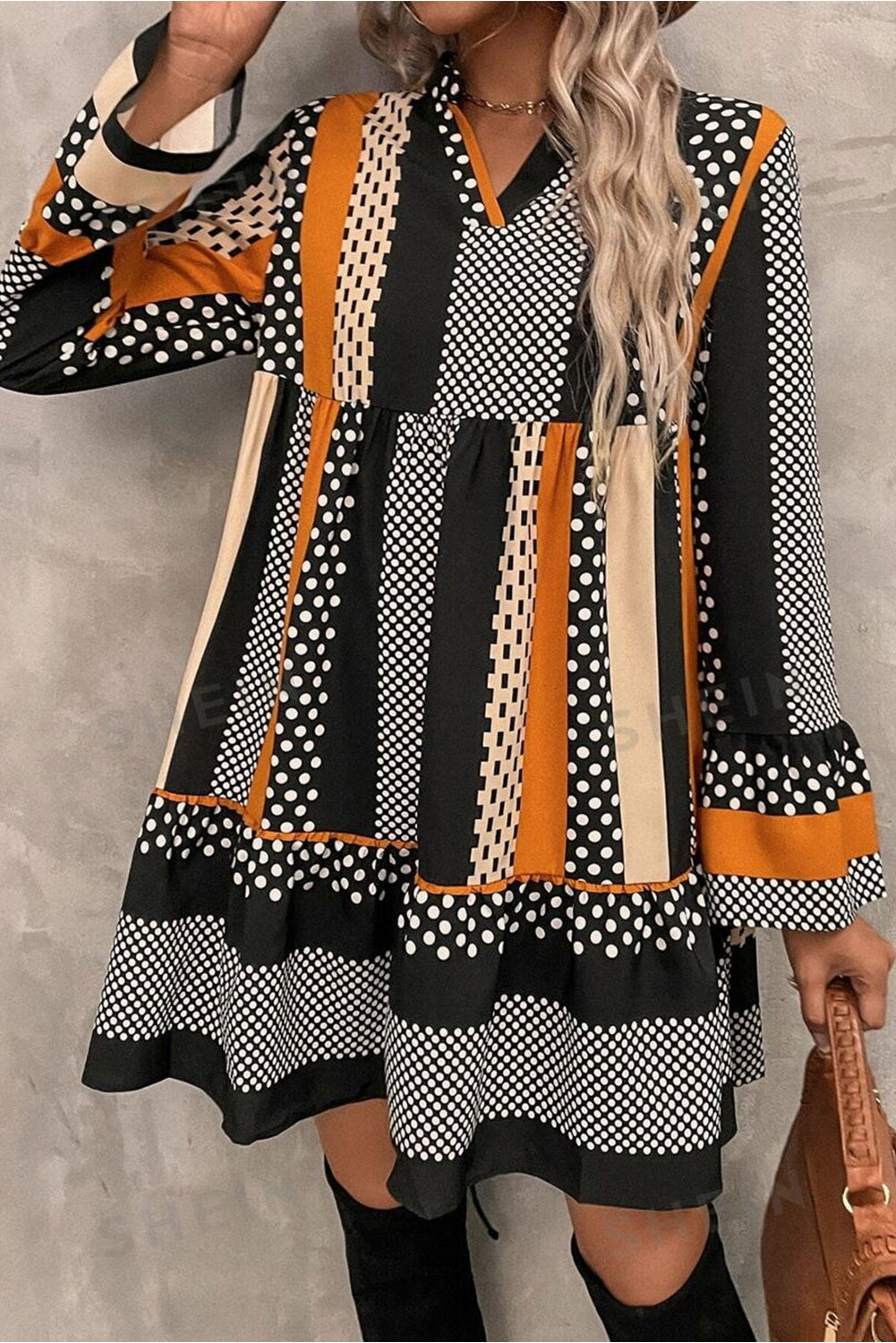 Patchwork Polka Dot Striped Bell Sleeve Tiered Mini Dress