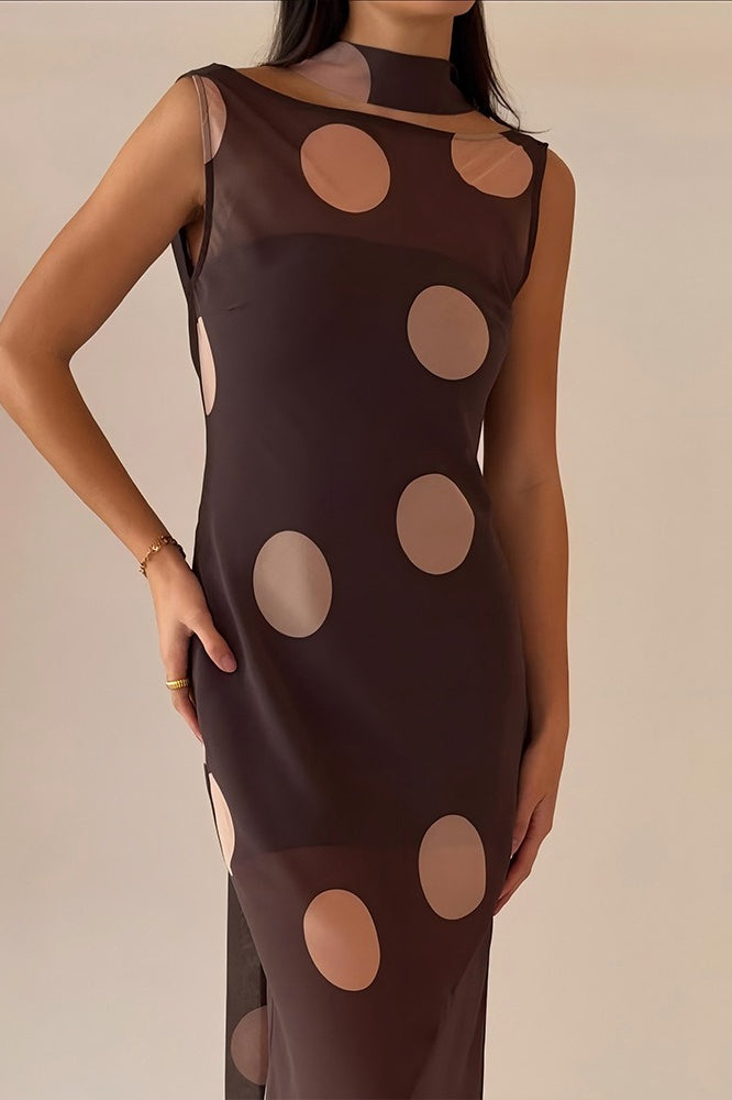 Brown Polka Dot Sleeveless Bodycon Maxi Dress