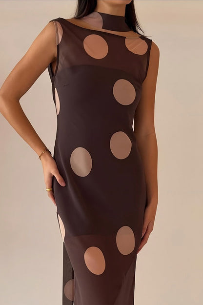 Brown Polka Dot Sleeveless Bodycon Maxi Dress
