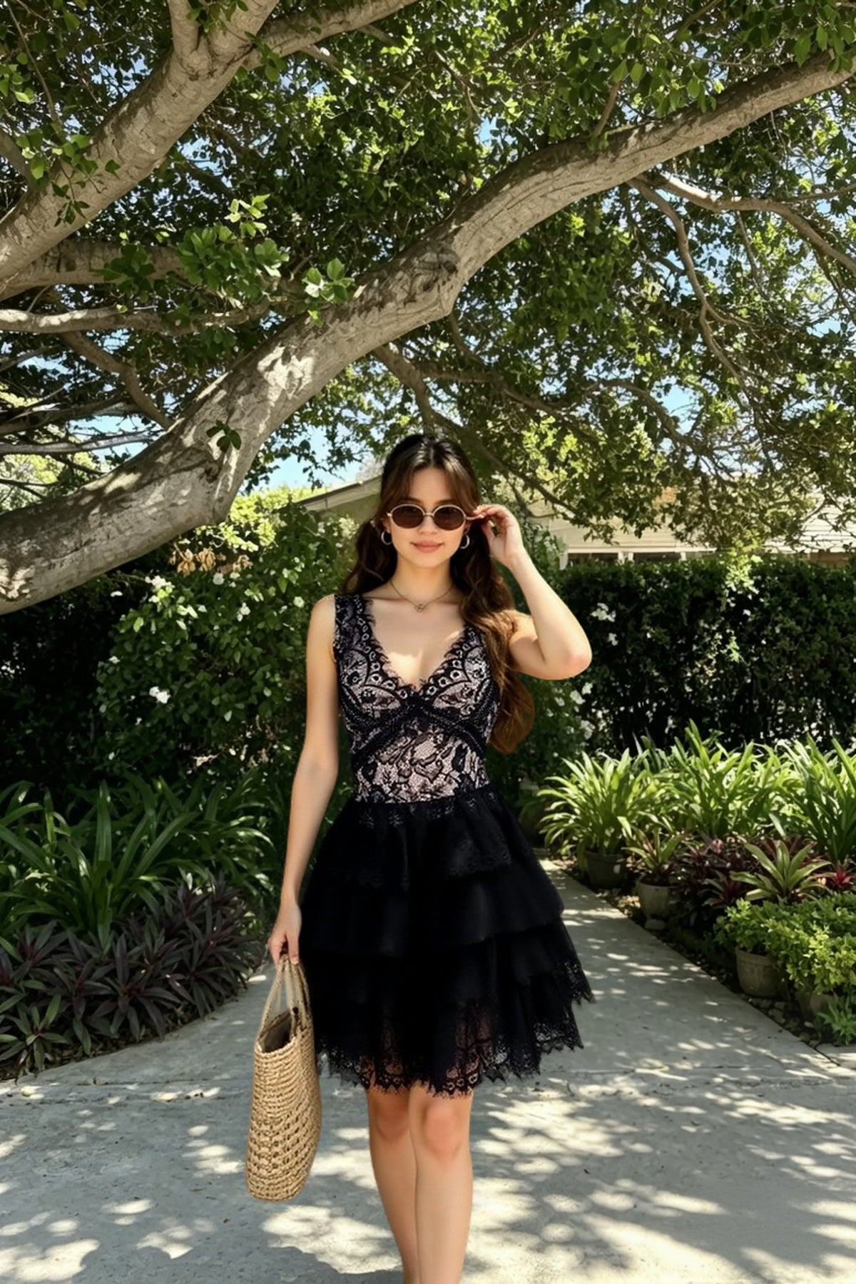 Lace Scalloped Cap Sleeve Bow Waist Tiered Tulle Handkerchief Hem Mini Dress