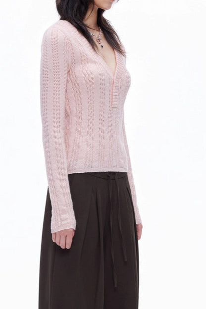 Openwork Wool Blend V-Neck Knit Top